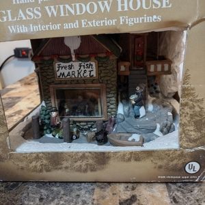 Enchanted Forest Christmas Village Glass Window House Fresh Fish Market
